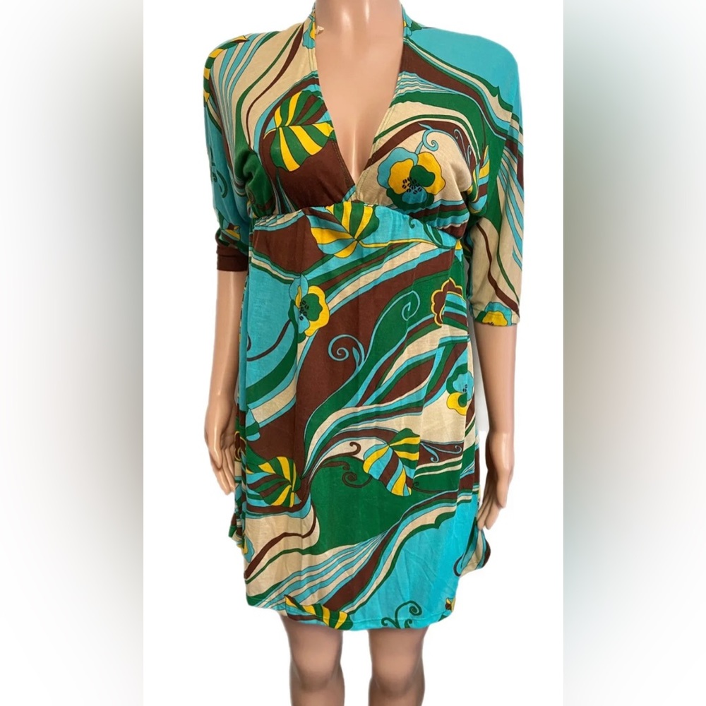 Pretty Green Leaf Print Empire V-Neck Dress Mini3/4 sl Mu mu short dress boho